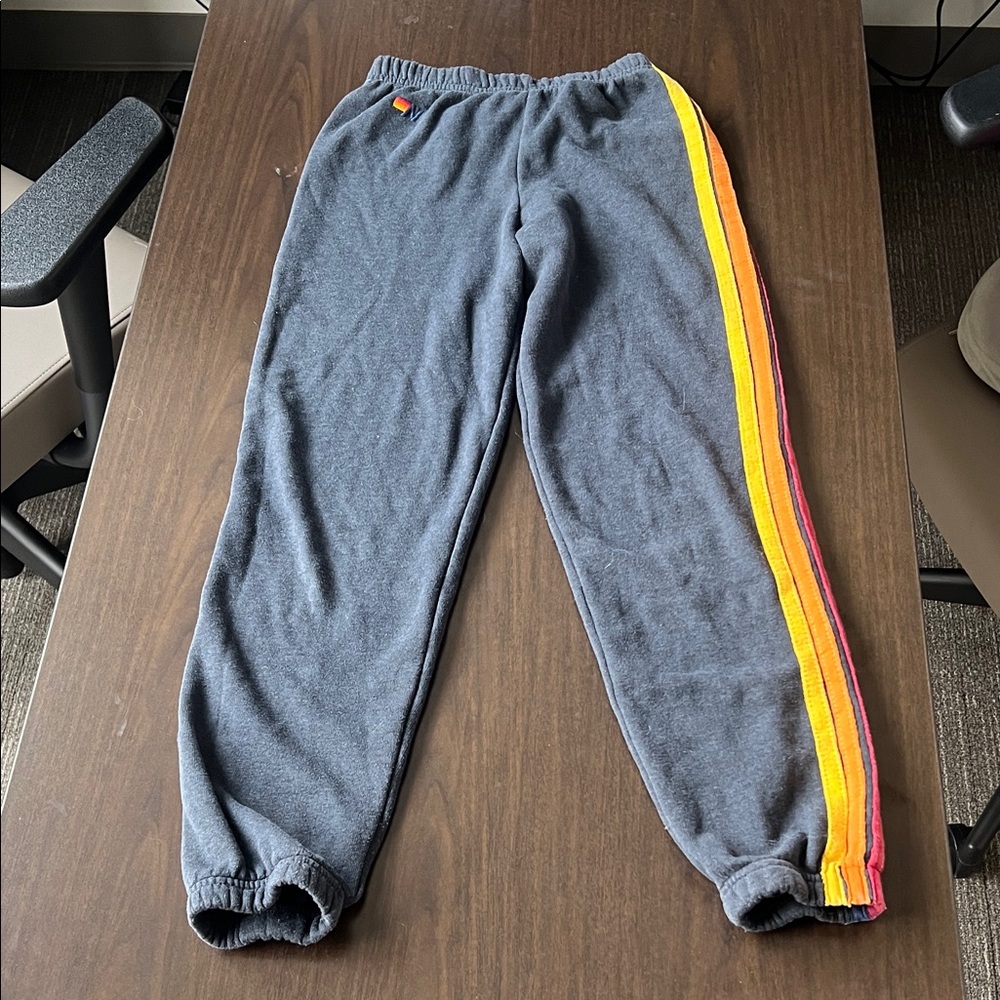 Aviator Nation Kids Rainbow-Stripe Sweatpants in Heather Navy - Sz 12 - Picture 4 of 8
